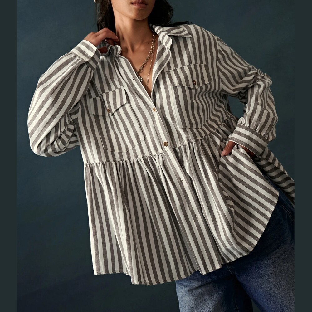 Olive Green Striped Peplum Babydoll Shirt Collar Tunic